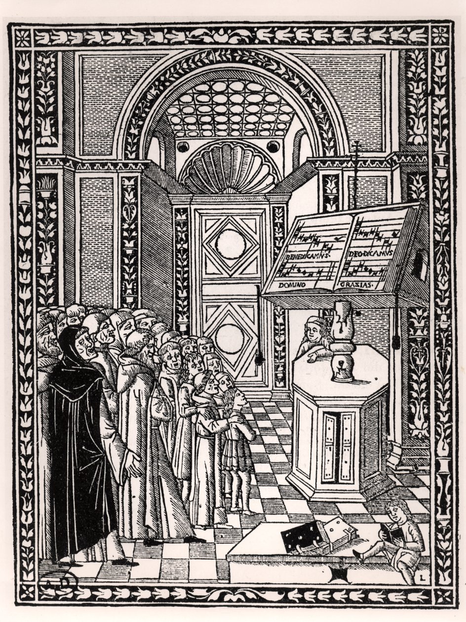 Templomi kórus, Franchino Gaffurio (1451-1522) illusztrációja a Practica Musicae-ből, Velencében 1512 alkotó: Italian School