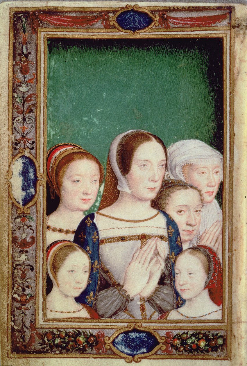 A francia Claude, az osztrák Eleonor és I. Ferenc három lánya a Medici Katalin óráiból (vellum) alkotó: Italian School