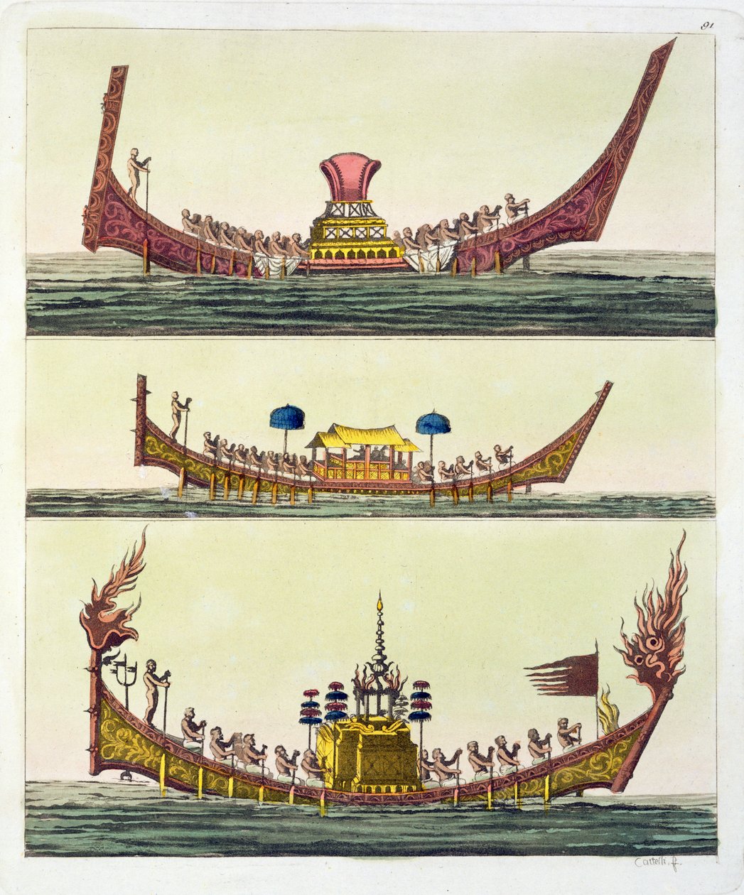 Cochin kínai hajók, Giulio Ferrario Le Costume Ancien et Moderne illusztrációja, megjelent az 1820-as és 30-as évek körül alkotó: Italian School