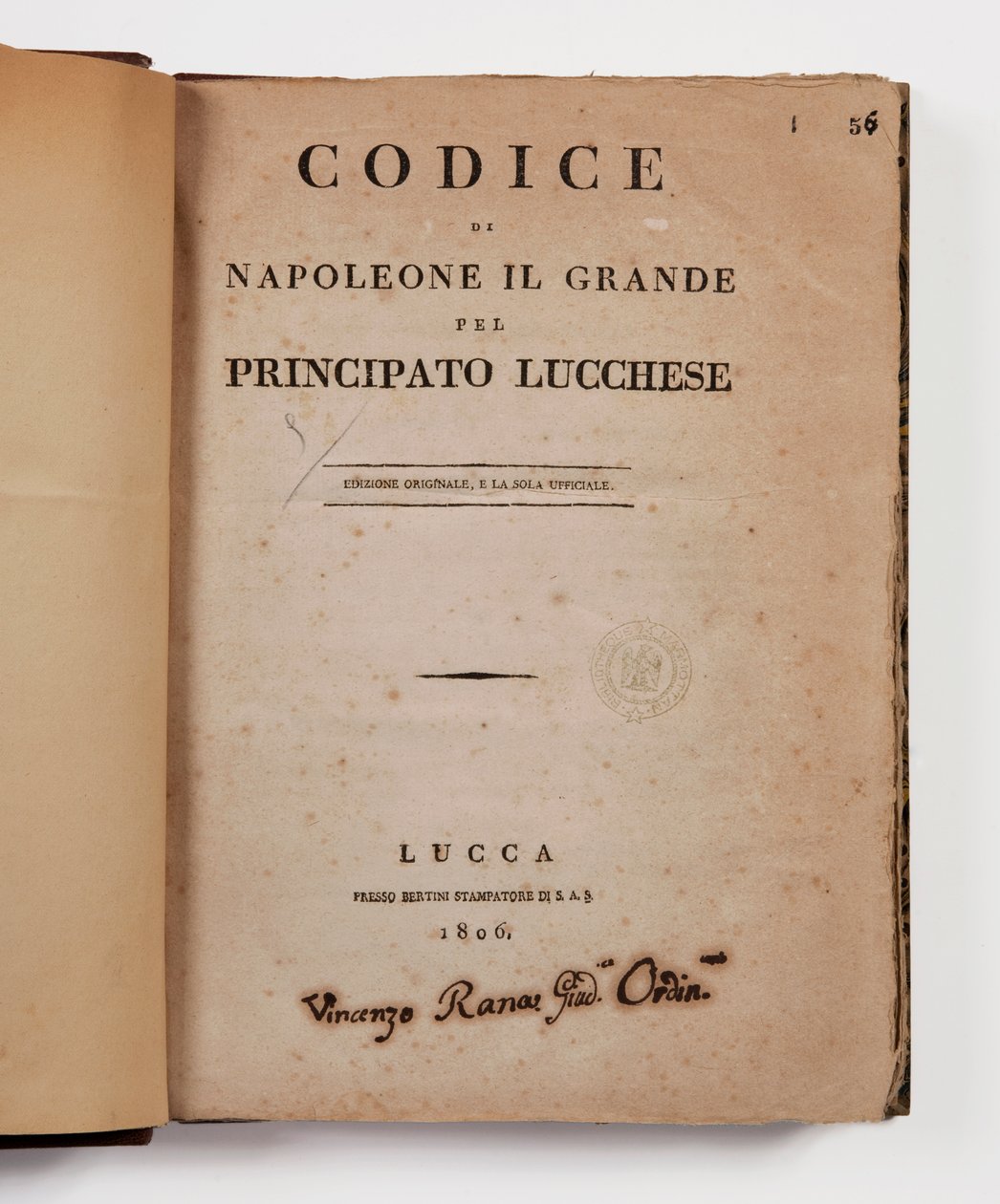 Nagy Napóleon kódexe a luccai fejedelemségről, első hivatalos kiadás, Lucca, Presso Bertini, 1806, valamint a luccai és piombinói fejedelemségek vidéki kódexe, Lucca, Fr. Bertini, 1807 alkotó: Italian School