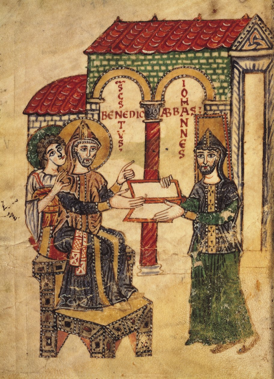 73. kódex János apát felajánlja a kéziratot Szent Benedeknek (kb. 480-kb. 550), Montecassino apátjának és alapítójának, Pál diakónus, olasz, 915. írása a Szent Ben kolostori szabályaihoz fűzött kommentárból. alkotó: Italian School