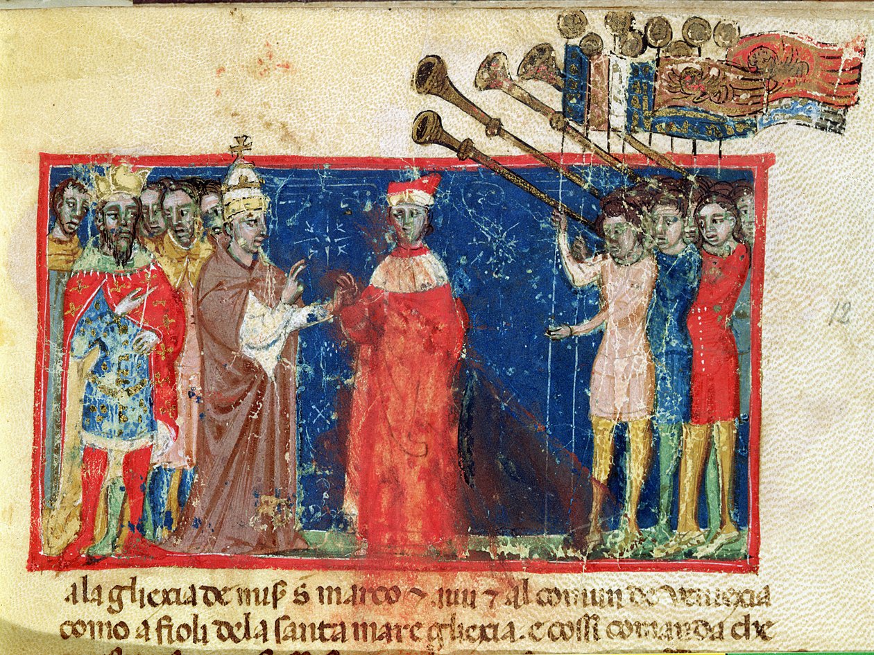 Codex Correr I 383 Sebastiani Ziani doge petíciót kap III. Sándor pápától (1159-81) és Barbarossa Frigyes császártól (1123-90 körül) alkotó: Italian School
