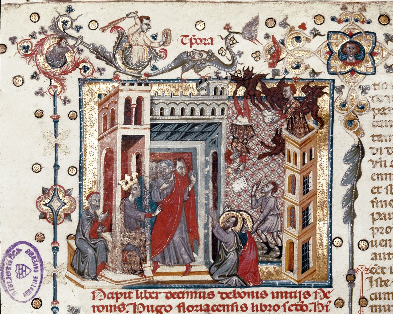 Codices Cavenses, Cod.25 f.181, Simon Magus, Nero császár és az apostolok, miniatűr a Speculum Historiale I. részéből, Vincent de Beauvais, 1320 körül (tempera pergamen) alkotó: Italian School