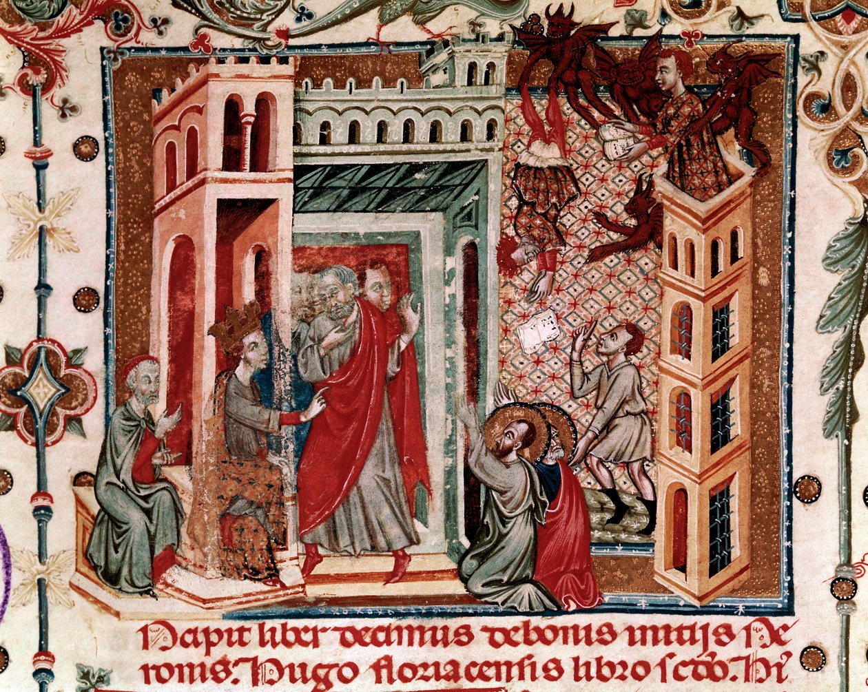 Codices Cavenses, Cod.25 f.181, Simon Magus, Nero császár és az apostolok, miniatűr a Speculum Historiale I. részéből, Vincent de Beauvais, 1320 körül (tempera pergamen) alkotó: Italian School