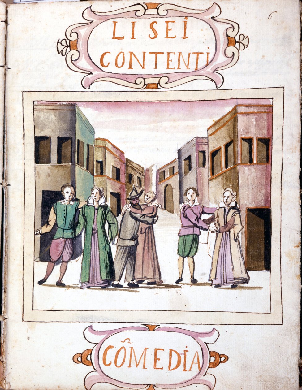 Li sei contenti vígjátéka „A legtöbb kiválasztott histrionok forgatókönyvei” (1621-1643) kéziratos kötete után. Róma, Accademia dei Lincei. alkotó: Italian School