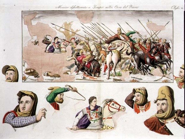 Az Alexander-mozaik másolata a Pompei-i Faunházból, 10. tábla, 6. osztály a „Nemzetek története” I. részéből (akvatinta) alkotó: Italian School