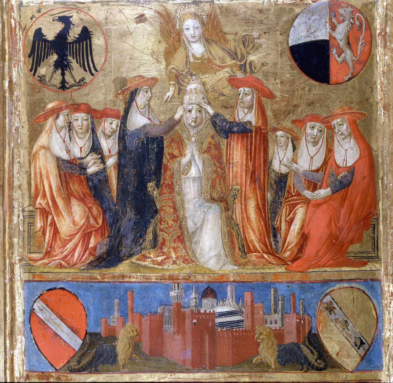 II. Pius koronázása (Enea Silvio Piccolomini) (1405-1464). olasz pápa (1458-1464). A földszinten található Siena erődvárosa. Bicherna (Siena város számviteli anyakönyvének borítója) 1460-ból. Nemzeti Levéltár - Museo delle Tavolette de B alkotó: Italian School