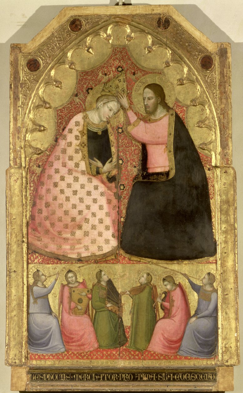 Szűz koronázása, oltárkép predella táblával hangszeren játszó angyalokat ábrázolva, firenzei (tábla) alkotó: Italian School