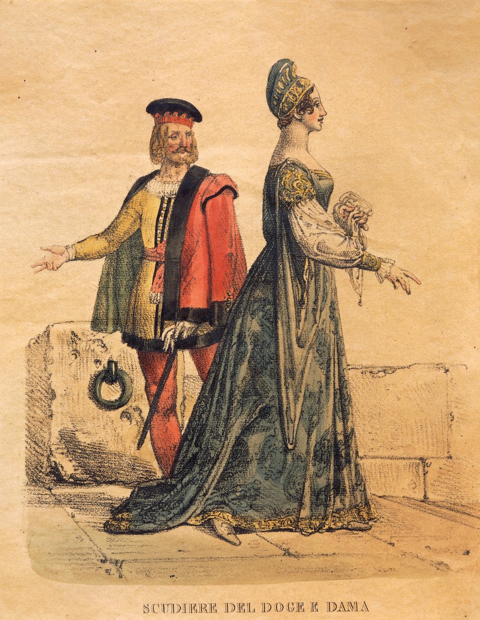 Jelmezterv a dózse mesterének és egy hölgynek, Gioachino Rossini „Othello” című művéből (kézzel színezett litó) alkotó: Italian School