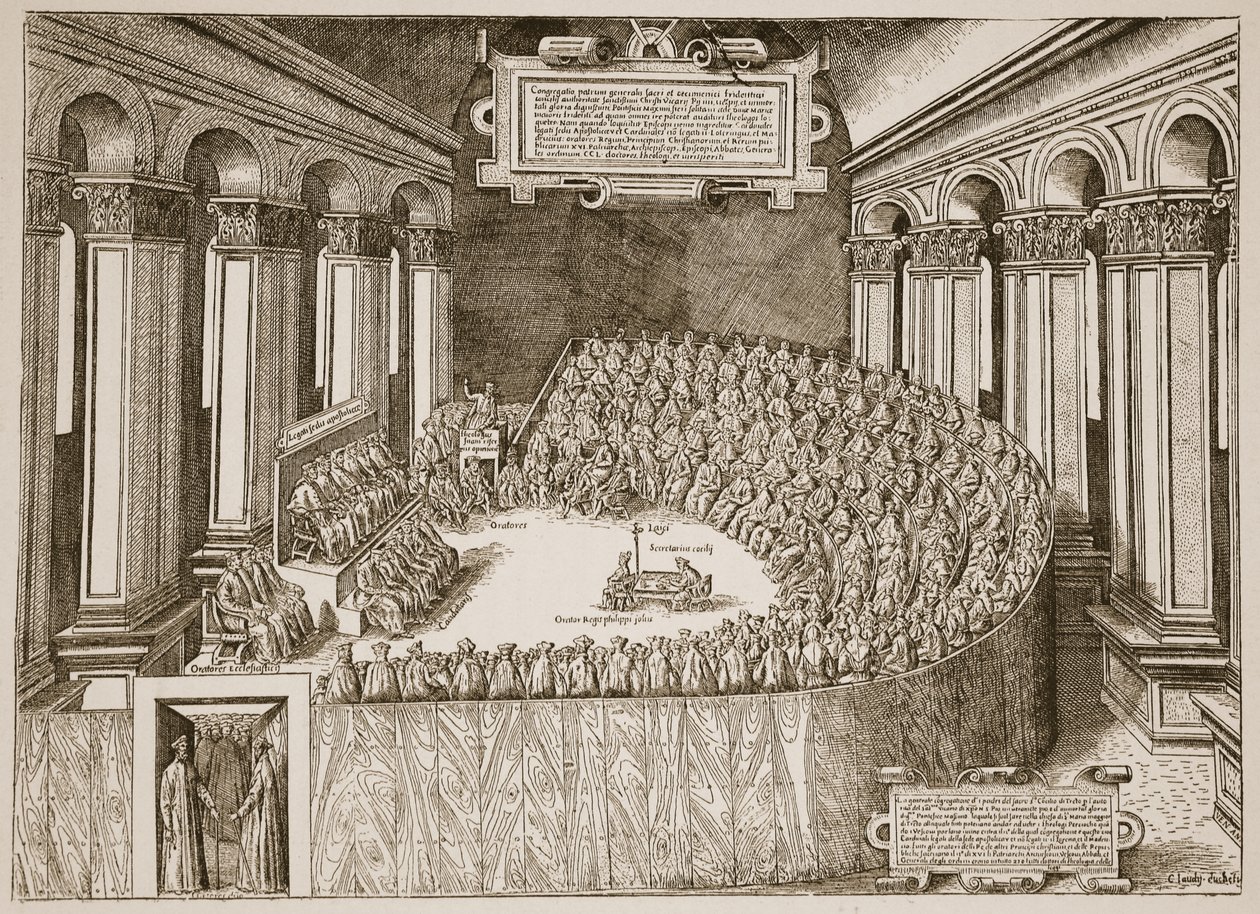 Tridenti zsinat, 1563, egy 1565-ben Velencében kiadott rézkarcból, illusztráció: The Church of England: A History for the People, H.D.M. Spence-Jones, kocsma. 1910 körül (szépia fotó) alkotó: Italian School