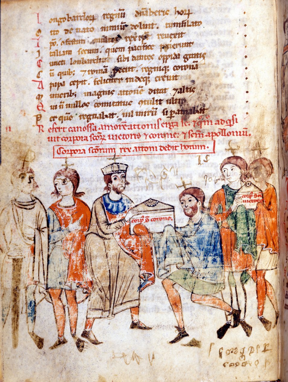 Canossa Mathilde udvara (vagy Mathilde toszkánai grófnő) (1046 - 1115) Donizone „” Vita Mathildis”” című könyvében, kézirat a 13. századból. Lucca, Bibl, Governativa. alkotó: Italian School