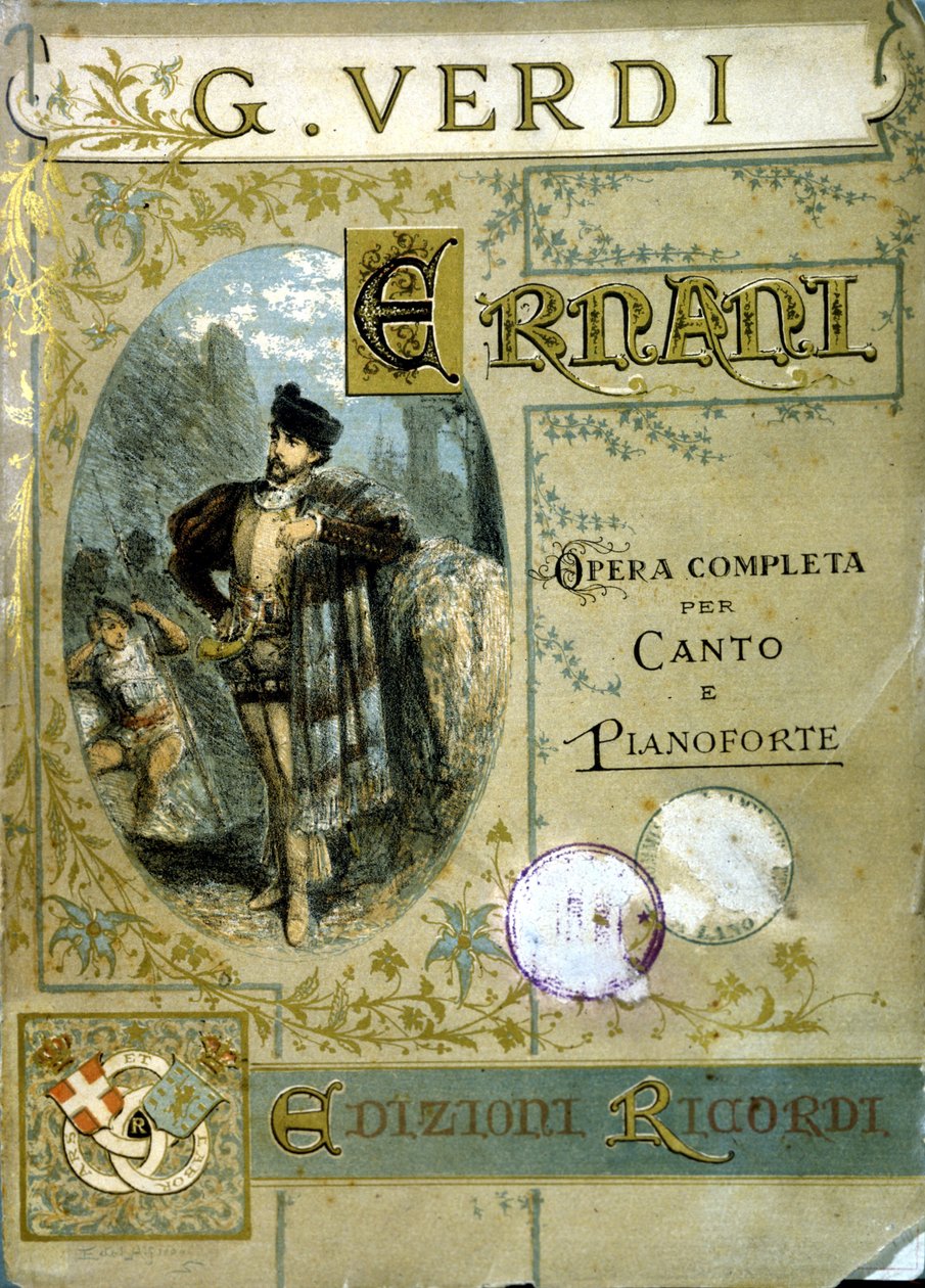 A Victor Hugo tragédiája után Giuseppe Verdi (1813 - 1901) által 1844-ben komponált "Ernani" című opera hangjára és zongorára írt partitúrájának borítója. alkotó: Italian School