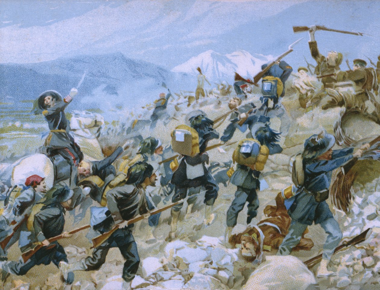 A krími háború és a csernajai csata, 1855. augusztus 16., illusztráció a Risorgimento történetéről szóló albumból, a Talmone csokoládéhoz készült, 19. század vége alkotó: Italian School