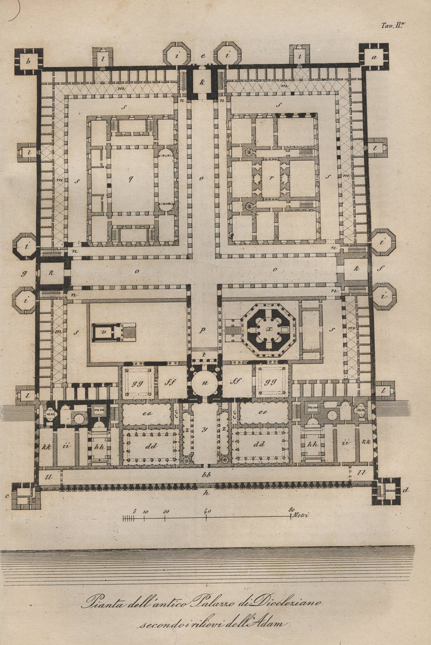 Horvátország – Split (Spalato) – Robert Adam rekonstruált Diocletianus-palota (Diocletianus római császár palotája (Gaius Aurelius Valerius Diocletianus, 245-316). Metszet a "" Az Univerzum összes népének szokásai és szokásai című könyvből. alkotó: Italian School