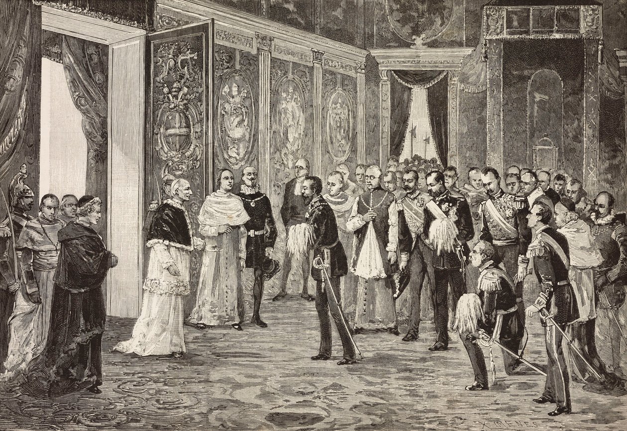 Németország trónörökösét (a leendő III. Frigyes) XIII. Leó pápa fogadta a vatikáni Trónteremben, metszet Ximenes rajzából Dal Don vázlatából, L
