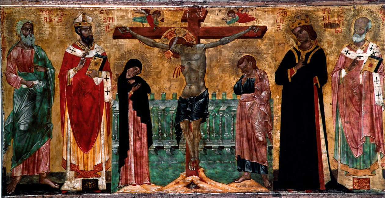 Keresztre feszítés és szentek A venetói bizánci iskola névtelen művészének fafestménye. Homályos. 61x113 cm Velence, Museo Correr, n. 381 alkotó: Italian School