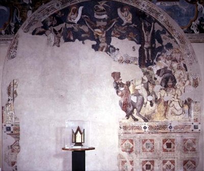 Keresztrefeszítés, sérült lunetta az Appartamento Guastalla-ból, a bolognai iskolának tulajdonítva (freskó) alkotó: Italian School