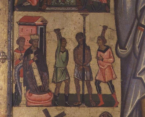 Keresztre feszítés a szenvedéstörténetekkel: Krisztus megostorozását bemutató részlet, Lucca Iskolája (tempera a panelen) alkotó: Italian School