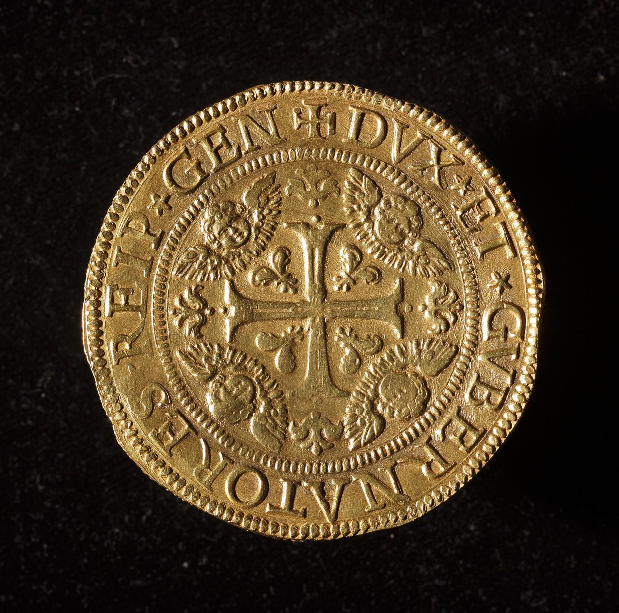 A Gének Köztársaság pénzneme: 12,5 arany dupla érme. Átm. 61 mm. 1656. eleje. Strada Nuova génmúzeumai (6456. sz.) alkotó: Italian School