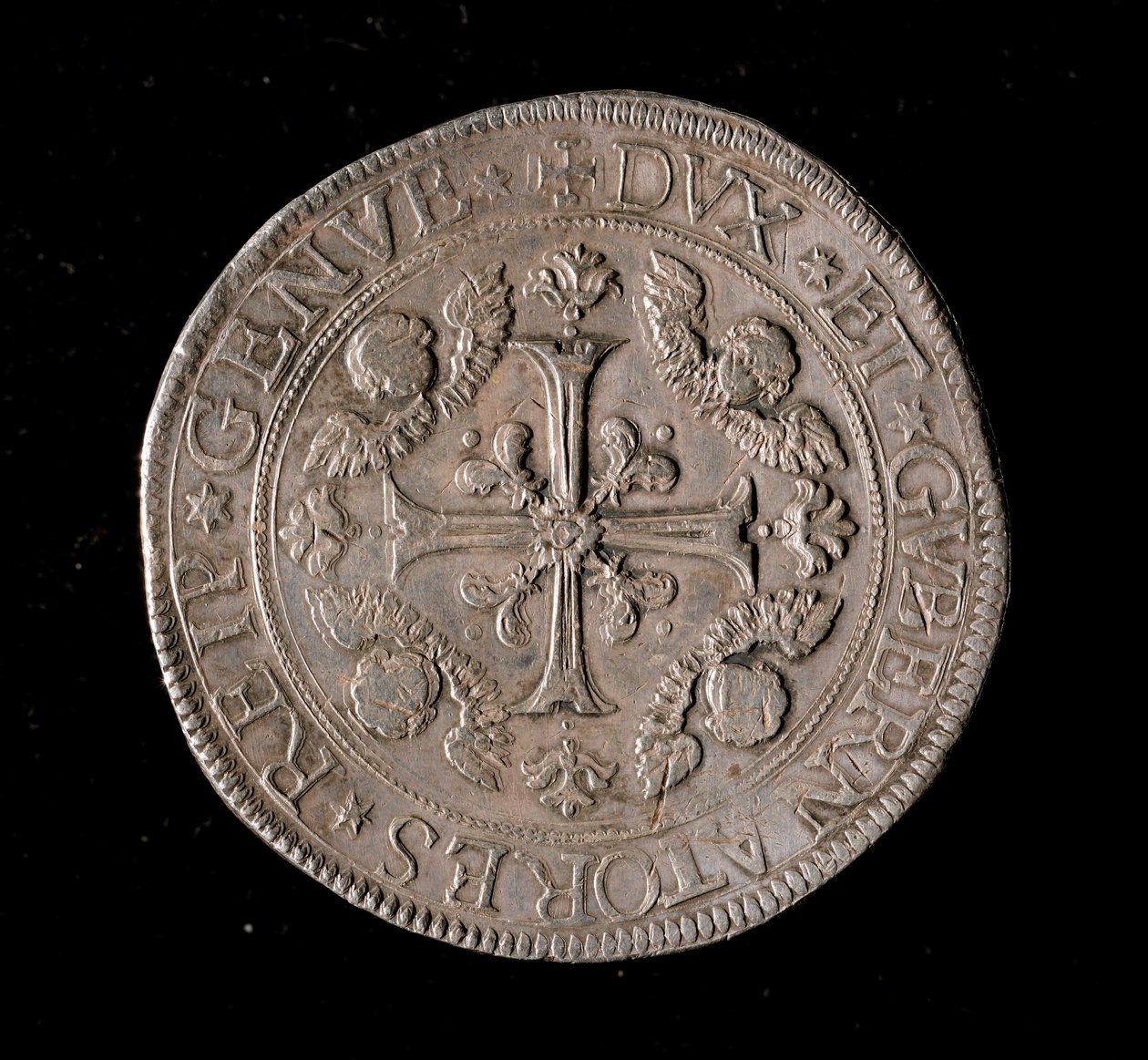 A Gének Köztársaság pénzneme: öt ekus ezüst érme. Átm. 61 mm. 1693. Elöl. Genes Musei di Strada Nuova alkotó: Italian School