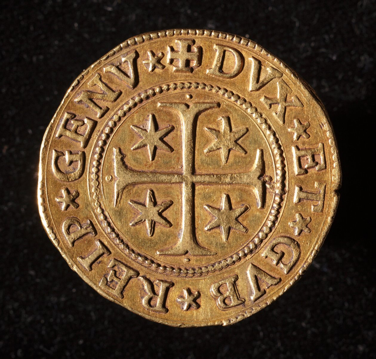 A Gének Köztársaságának pénzneme: öt arany doppie érme. Átm. 41 mm. 1642. Elöl. Genes Musei di Strada Nuova alkotó: Italian School