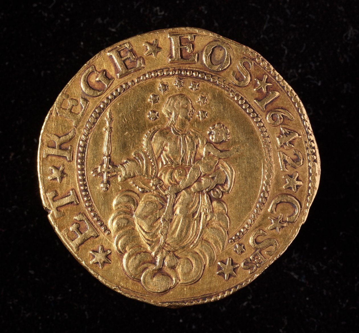 A Gének Köztársaságának pénzneme: öt arany doppie érme. Átm. 41 mm. 1642. vissza. Genes Musei di Strada Nuova alkotó: Italian School