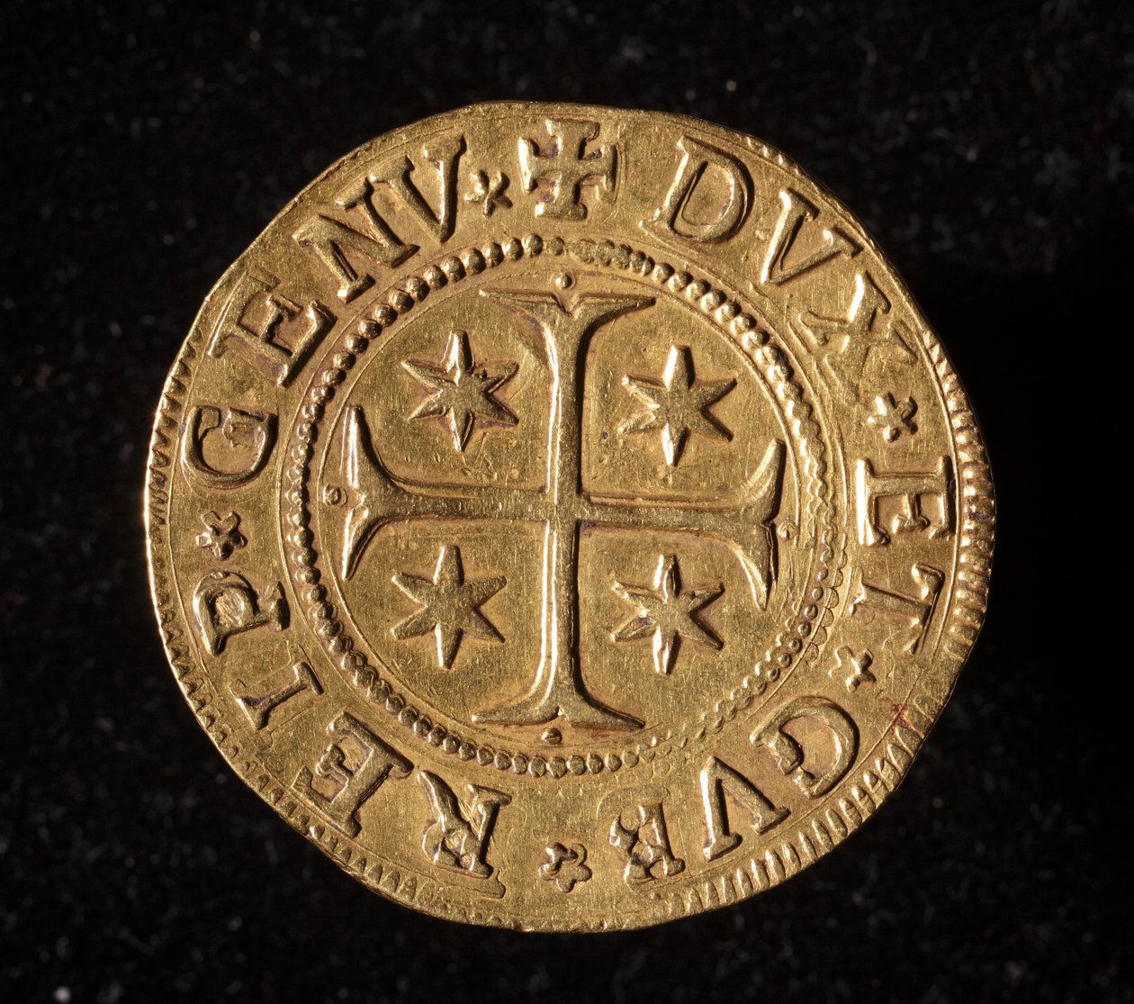 A Gének Köztársaságának pénzneme: öt arany doppie érme. Átm. 41 mm. 1652. Elöl. Genes Musei di Strada Nuova alkotó: Italian School