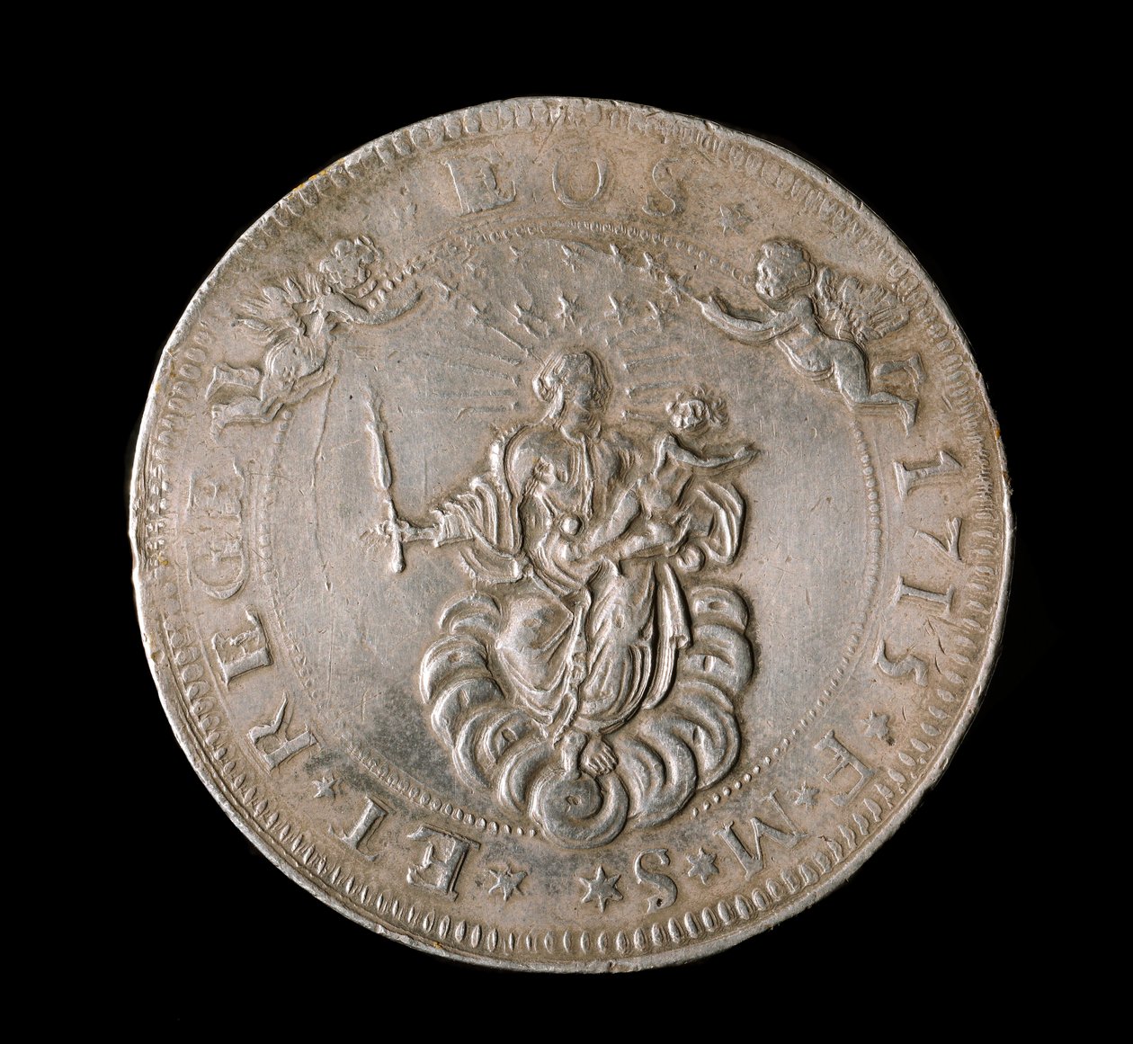A Gének Köztársaságának pénzneme: hat ekus ezüst érme. Átm. 61,5 mm. 1715. Elöl. Genes Musei di Strada Nuova (l., M7156) alkotó: Italian School