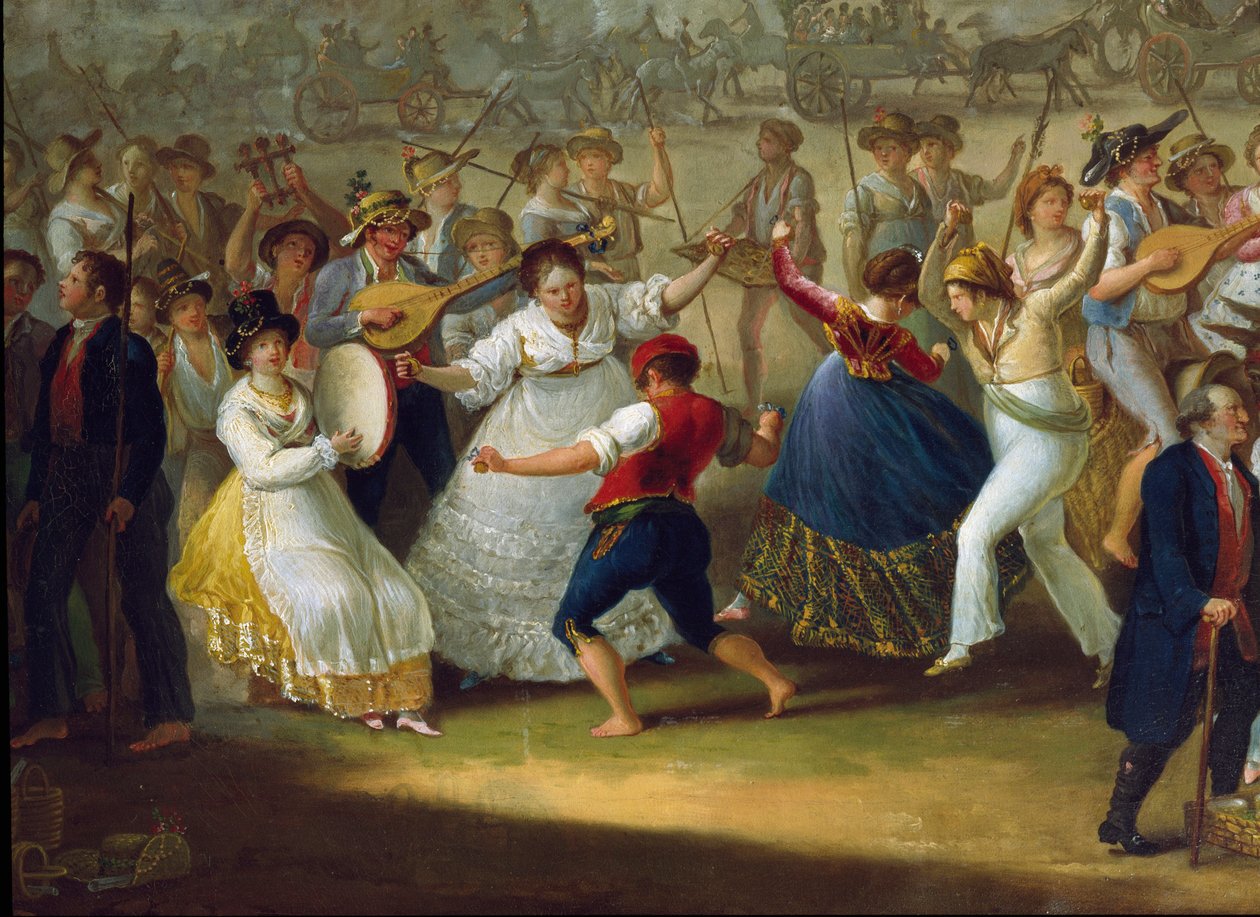 Táncos jelenet és népszerű buli Nápolyban Tarantella táncosai (tarantella, tarantella). Névtelen festmény. 18. századi Nápoly, San Martino Nemzeti Múzeum alkotó: Italian School