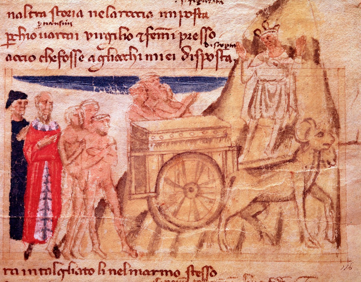 Dante és Vergilius, a szekér és a bárkát húzó ökrök (X. ének a Purgatóriumból, az Isteni színjátékban) - miniatűr alkotó: Italian School