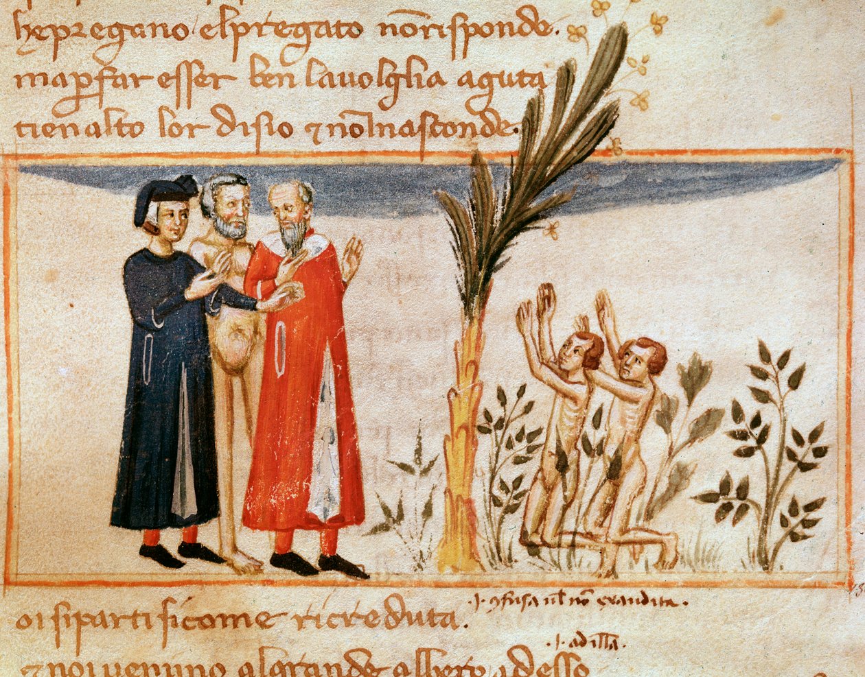 Dante és Virgil találkozik Forese de Donatival a torkossal (23. dala a Purgatóriumból, az Isteni színjátékban) – Minature alkotó: Italian School