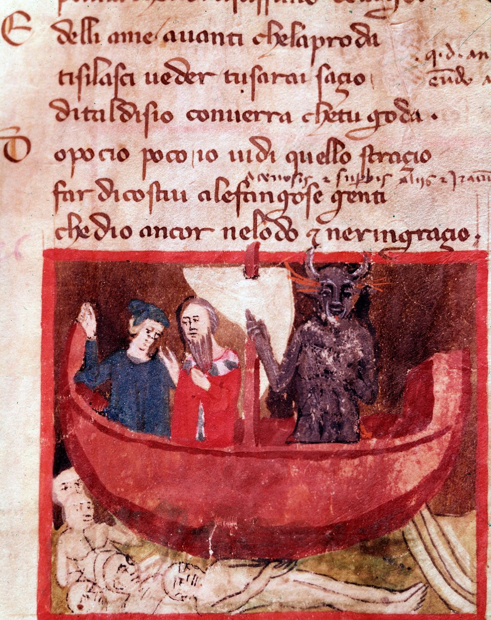 Dante és Virgil a Phlegyas hajón találkozik Filippo Argentival (8. dal a pokolból, az Isteni színjátékban) - miniatűr alkotó: Italian School