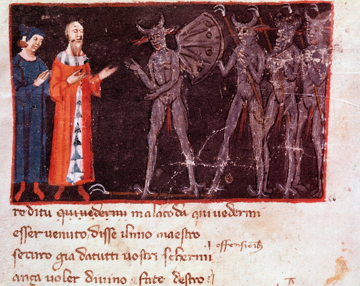 Dante és Virgil Malacodával, a Malebranche osztagok vezetőjével beszélget (21. ének a pokolból, az Isteni színjátékban) - miniatűr alkotó: Italian School