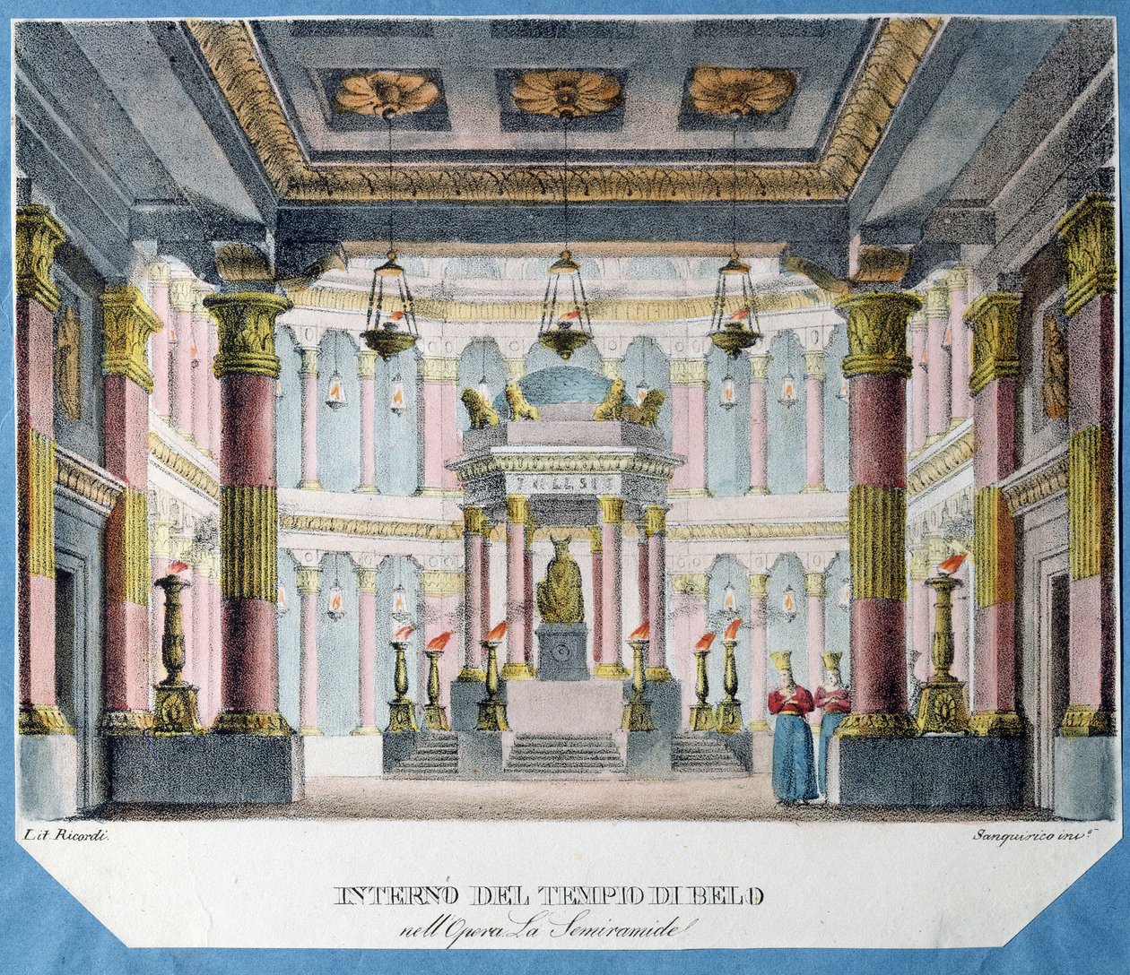 Dekoráció Christoph Gluck (1714-1787) La Semiramide című operájához (Ch. Gluck La Semiramide című operájának színpadterve). Színes litográfia, névtelen, 1790 körül. Olasz művészet, színházi dekoráció. Állami Színház- és Zeneművészeti Múzeum, Szentpétervár. alkotó: Italian School