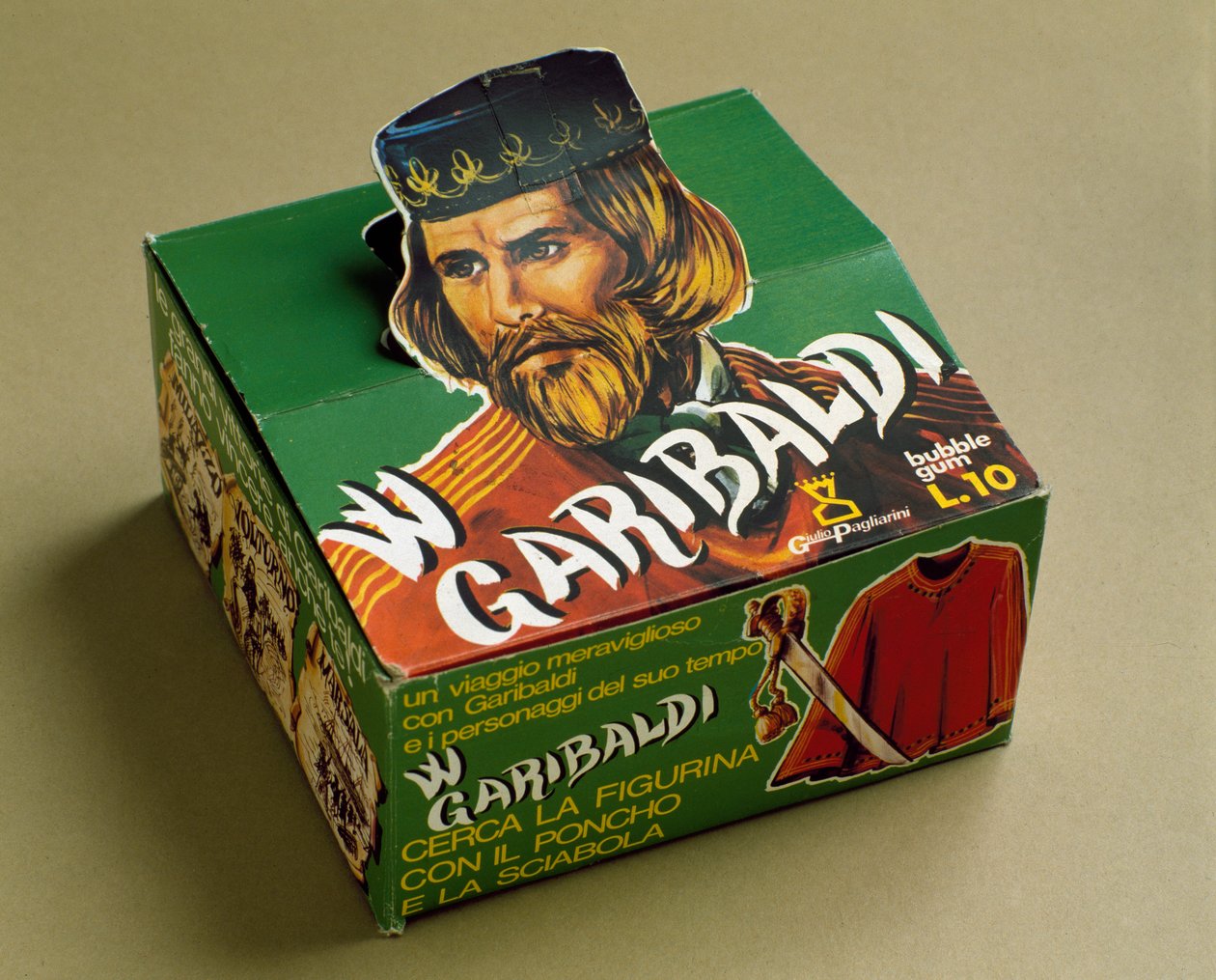 Származékos termékek: Giuseppe Garibaldi képmásával ellátott rágógumidoboz. alkotó: Italian School