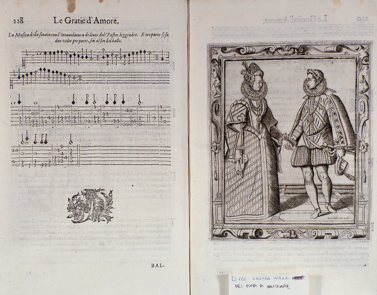 Le Gratie dAmore (Le Grazie dAmore) kétoldalas balettjének leírása Cesare Negri olasz táncostól, az Il Trombone (1536-1604) című táncról szóló szerződés. alkotó: Italian School