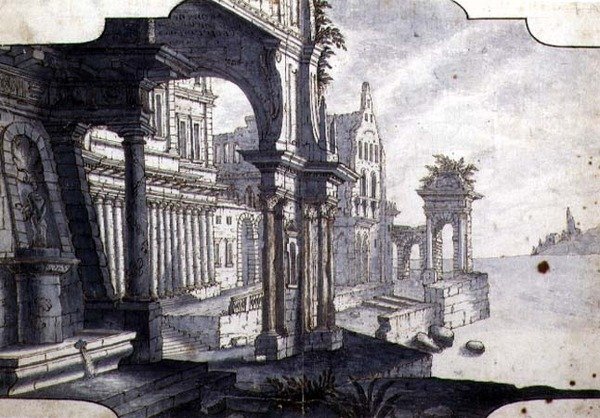 Tervezés színpadi díszlethez, 1750 körül (toll és tinta, valamint akvarell papíron) alkotó: Italian School