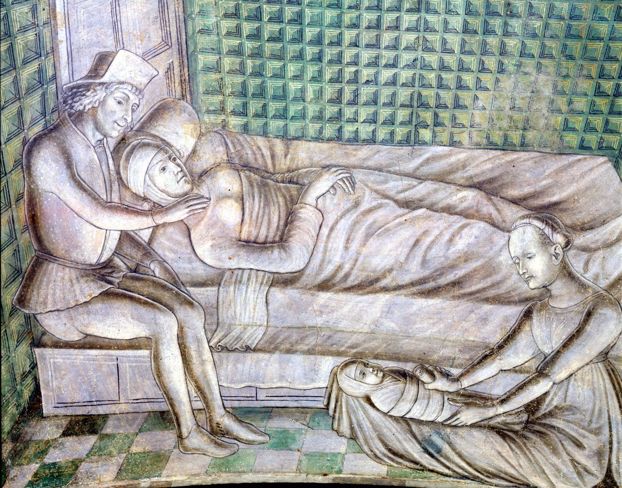 Részlet a pármai Roccabianca kastély freskójáról 1480-ból, ma a milánói Castello Sforzescoban. Griselda történetét képviseli, amely Giovanni Boccacio „Decameron” (1313-1375) című novellájából származik. (Grisélidis). Ez a sto alkotó: Italian School
