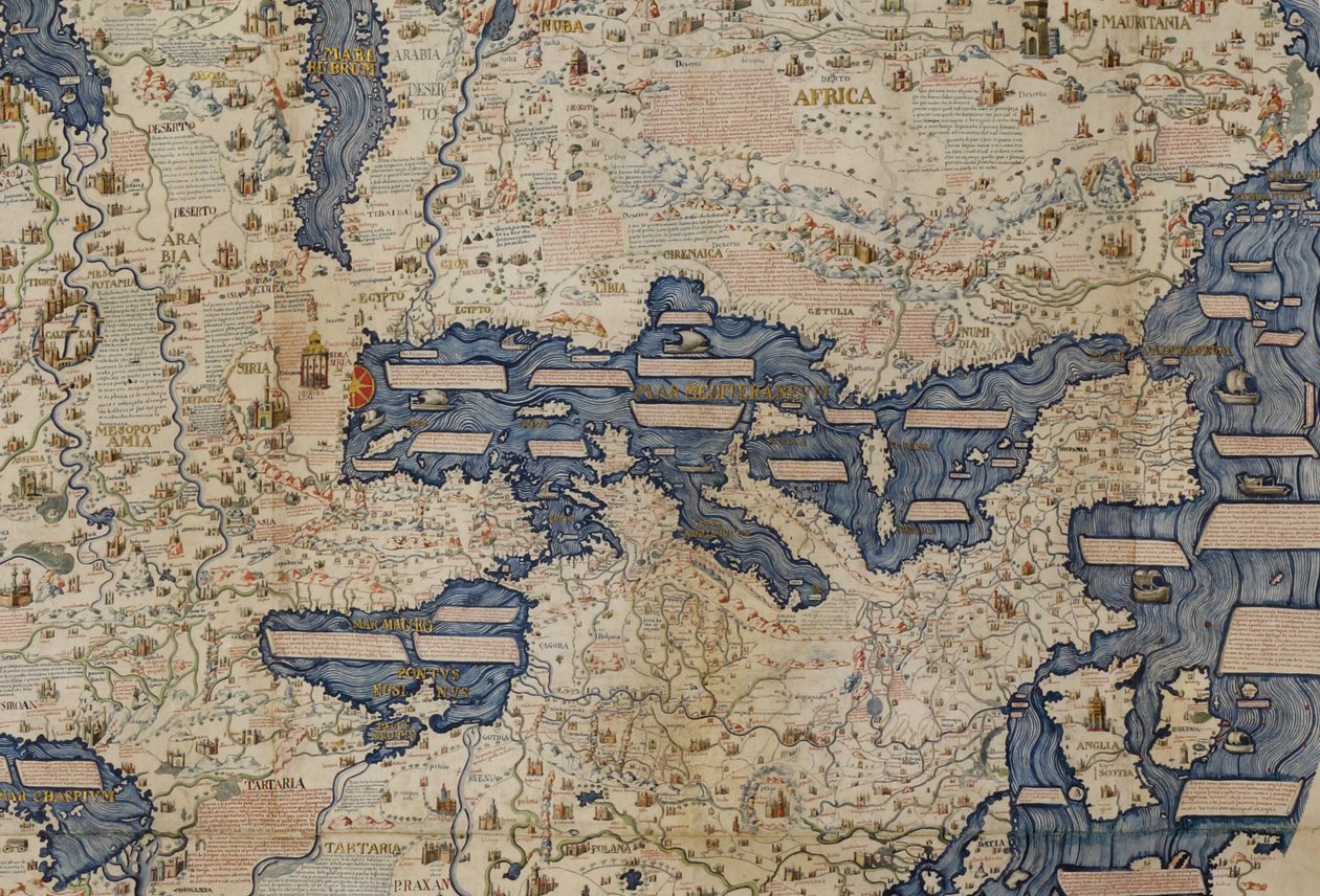 Részlet a Földközi-tengerről, Add. 11267 „Nagy síkgömb vagy világtérkép” 1459-ből, Mauro Frau alkotó: Italian School