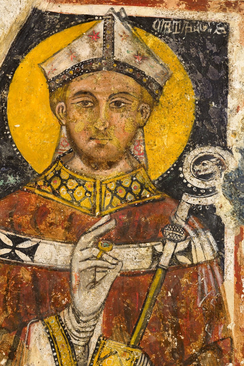 Részlet a San Cataldót ábrázoló triptichonból, a székesegyház kriptája alkotó: Italian School