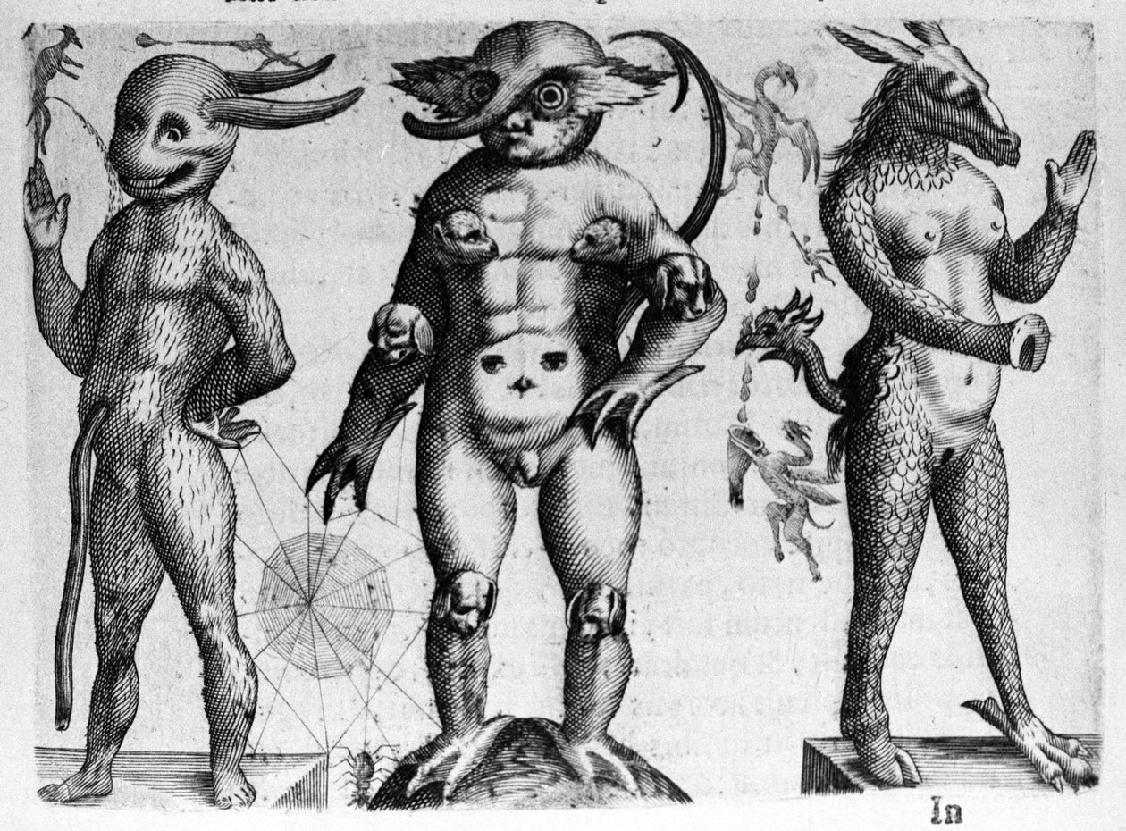 Különböző típusú emberi szörnyek félig emberi, félig állati testekkel. Metszet Fortunio Norsi (1577-1656) olasz tudós "A szörnyek természete, okaik és különbségeik" című könyvéből. 1646 alkotó: Italian School