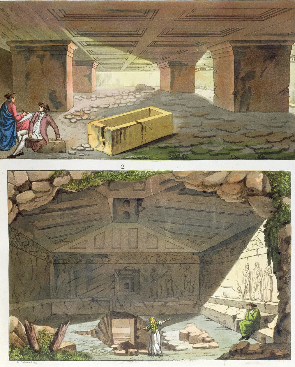 Etruszk sírok felfedezése, 1820 körül (színes metszet) alkotó: Italian School
