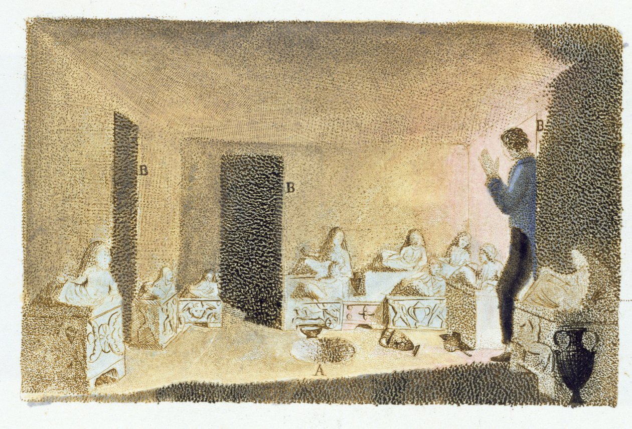 Az etruszk sírok felfedezése. illusztráció a Monumenti Etruschi-ból, Francesco Inghirami (1772-1846), megjelent Fiesole-ban, 1825 (színes metszet) alkotó: Italian School