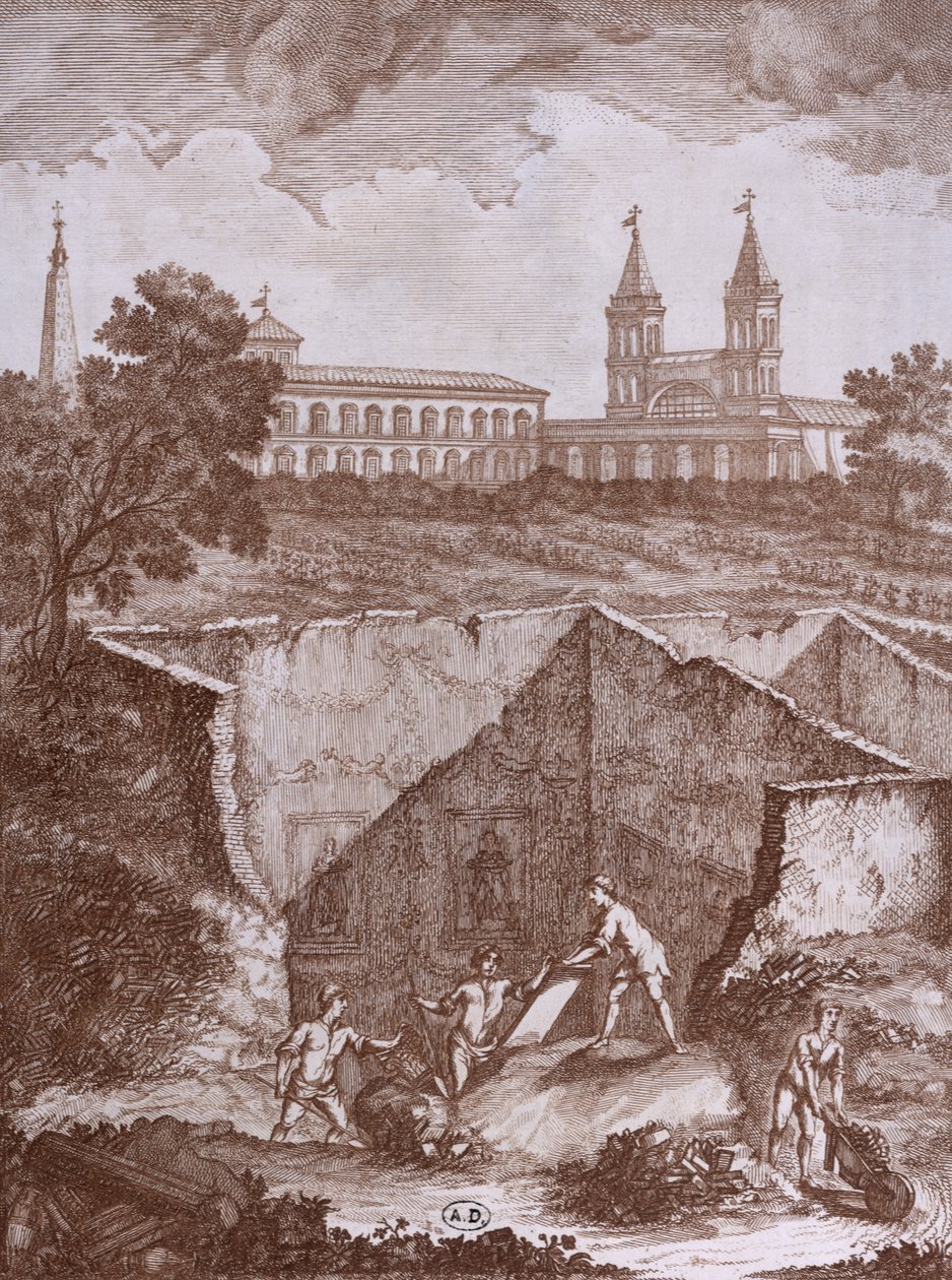 Ház és freskók felfedezése Rómában 1780-ban, illusztráció a Peintures antiques retrouvees lors dune fouille en 1780-ból, megjelent Rómában 1783 alkotó: Italian School