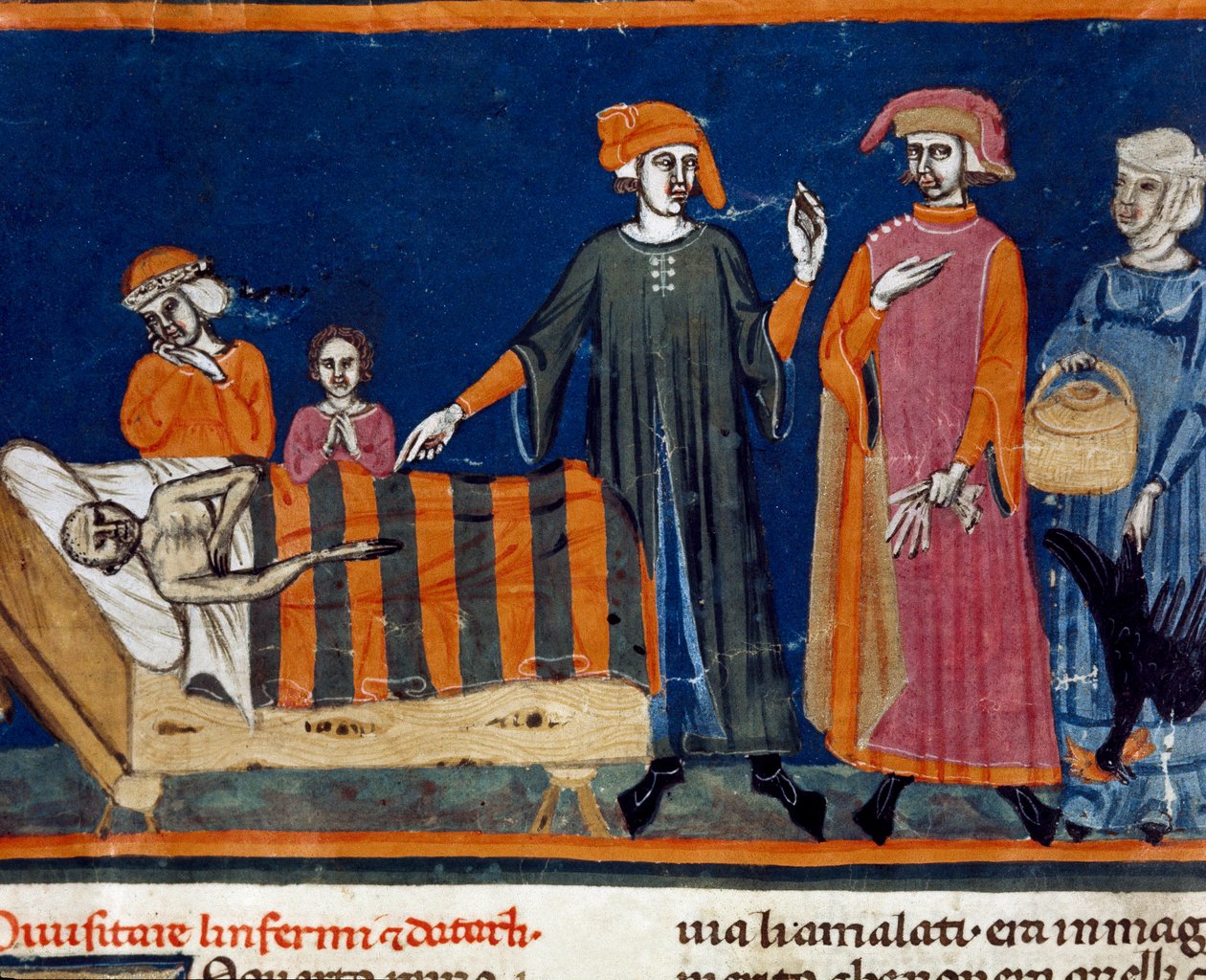 Dokkok egy beteg ágy mellett A firenzei iskola miniatúrája Ser Zucchero Bencivenni „Pater noster”-ének bővítményéből (MS.II.VI 16) a 14. század elején Firenze, nemzeti könyvtár alkotó: Italian School