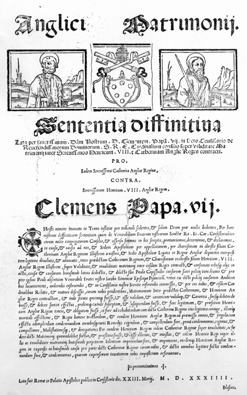 A pápa ítéletét kimondó dokumentum VIII. Henrik és Aragóniai Katalin házasságának érvényességéről, 1534 (nyomtatott) alkotó: Italian School