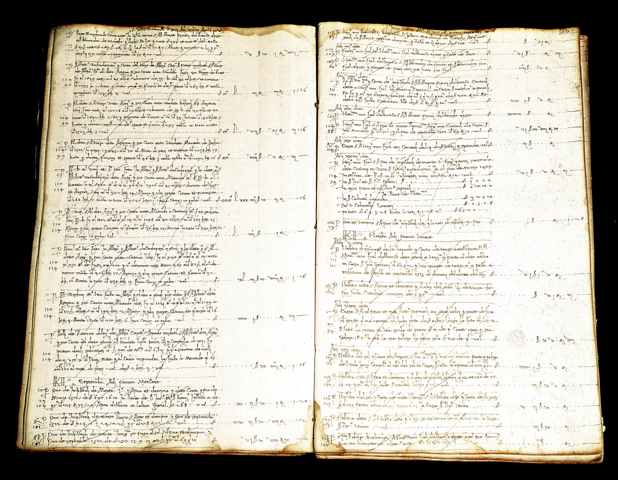 A velencei nemesség, gazdag keleti kereskedők Priuli családjának számadásjegyzékének dupla oldala. 16. századi Museo Correr, Velence alkotó: Italian School