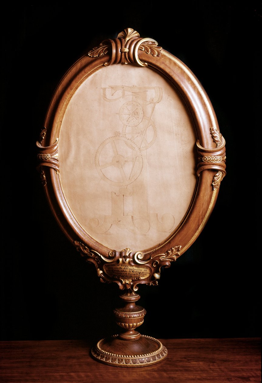 Rajz az olasz csillagász és fizikus Galileo Galilei dit Galilee (1564-1642) tanulmányozását alkalmazva a súlyzó inga mozgásáról az órára és az idő mérésére. Vincenzo Vivia matematikus eredeti rajzának másolata alkotó: Italian School