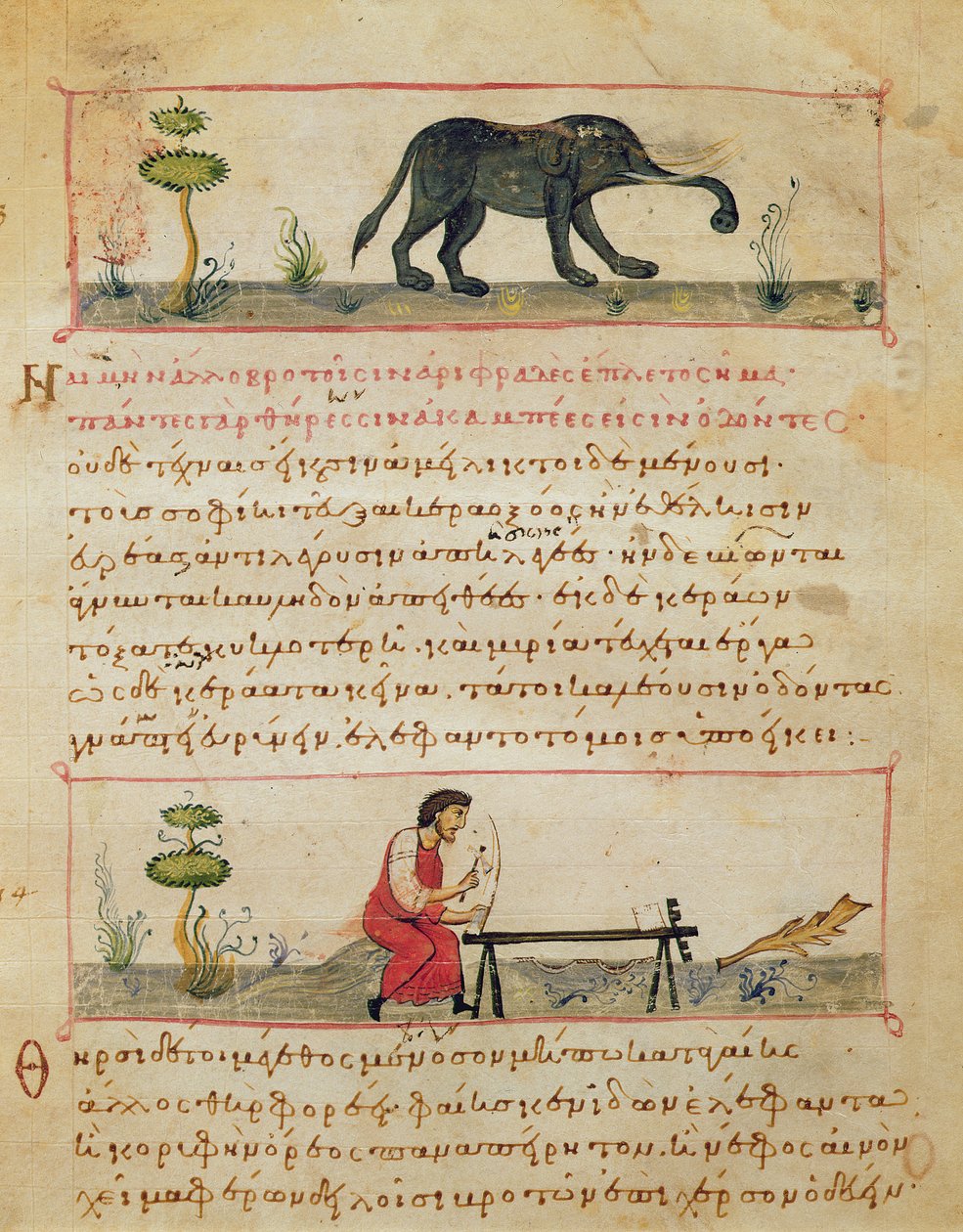 Elefánt és hagyományos elefántcsont alkotás, Oppian illusztrációja a Cynegeticából (tempera pergamen) alkotó: Italian School