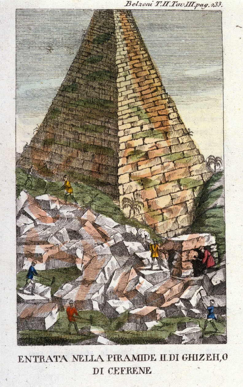 Belzoni bejárata Guizeh (Guiseh, Giza, Giza) vagy Chephren (Régi Birodalom) piramisába. Giovanni Battista (Gianbattista) Belzoni (1778-1823), olasz felfedező és régész fontos régészeti felfedezéseket tett Egyiptomban. Gravírozás - ""-ben alkotó: Italian School